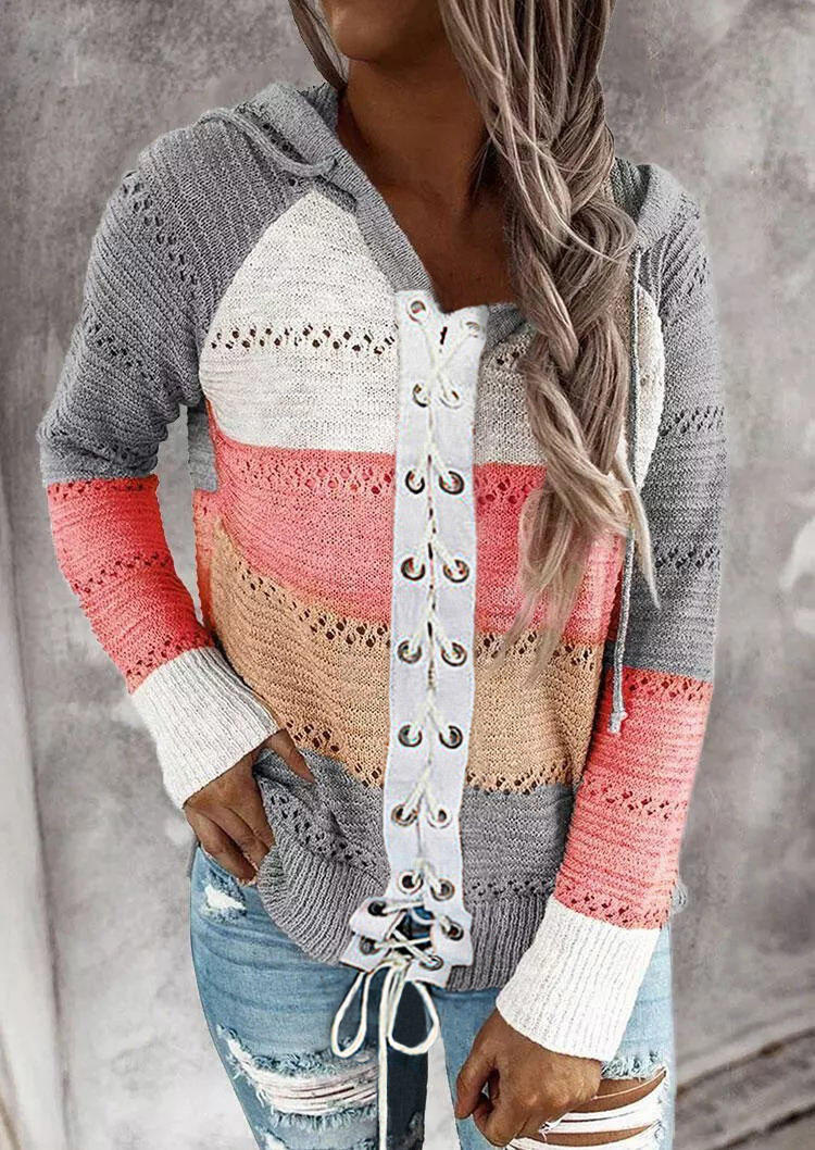 

Color Block Lace Up Hollow Out Sweater, Multicolor, SCM005042
