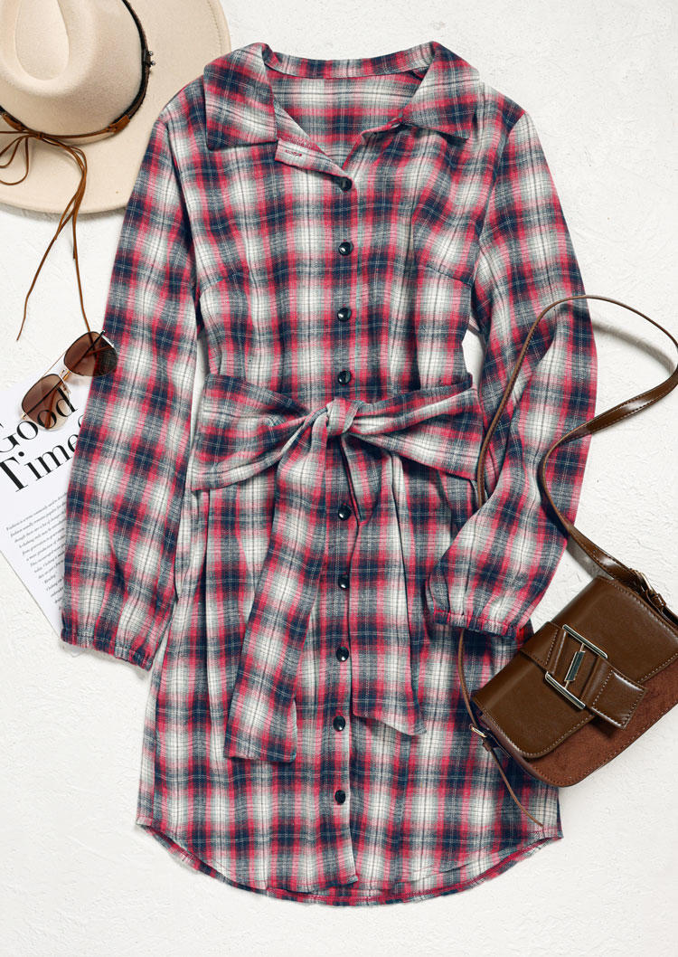 Plaid Button Tie Turn-Down Collar Shirt Mini Dress