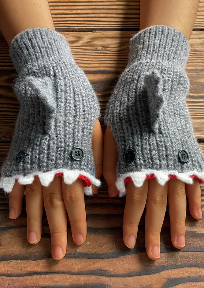 

Shark Knitted Button Fingerless Gloves, Gray, SCM005128