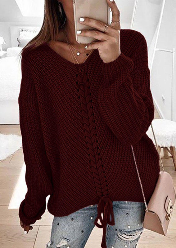 

Lace Up V-Neck Long Sleeve Sweater - Burgundy, Red, SCM005175