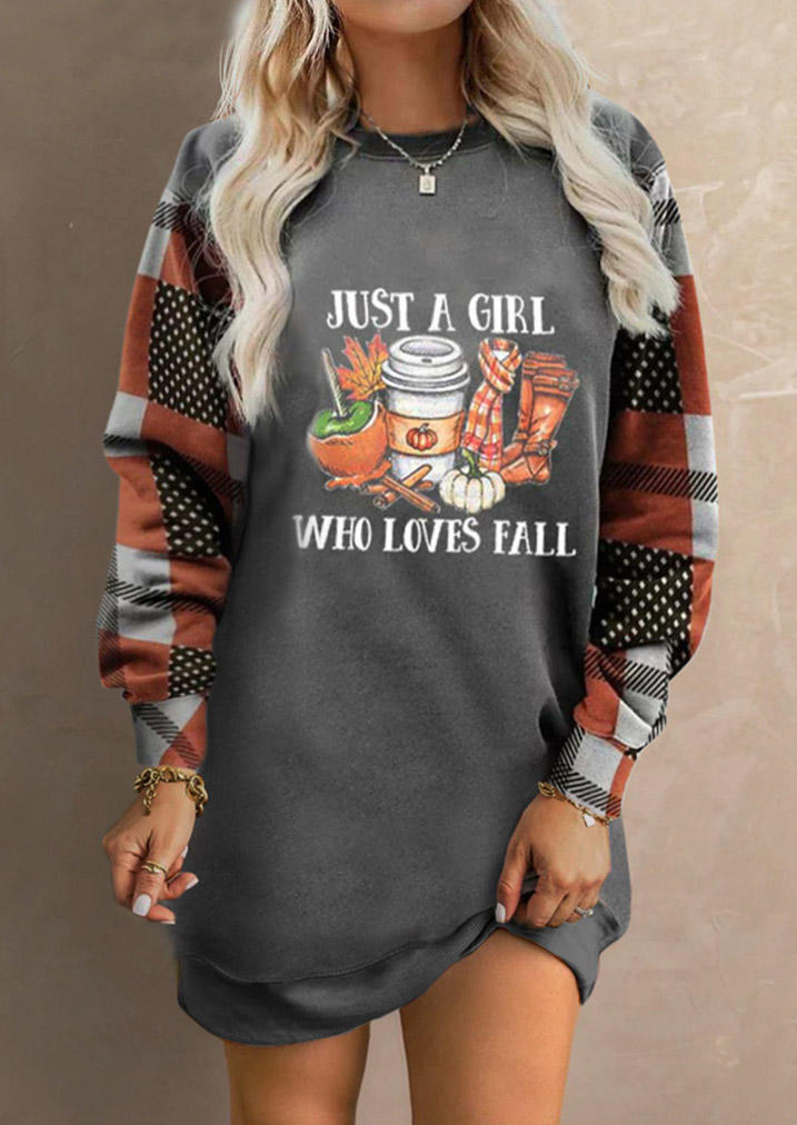 Just A Girl Who Loves Fall Pumpkin Plaid Maple Leaf Polka Dot Sweatshirt Mini Dress