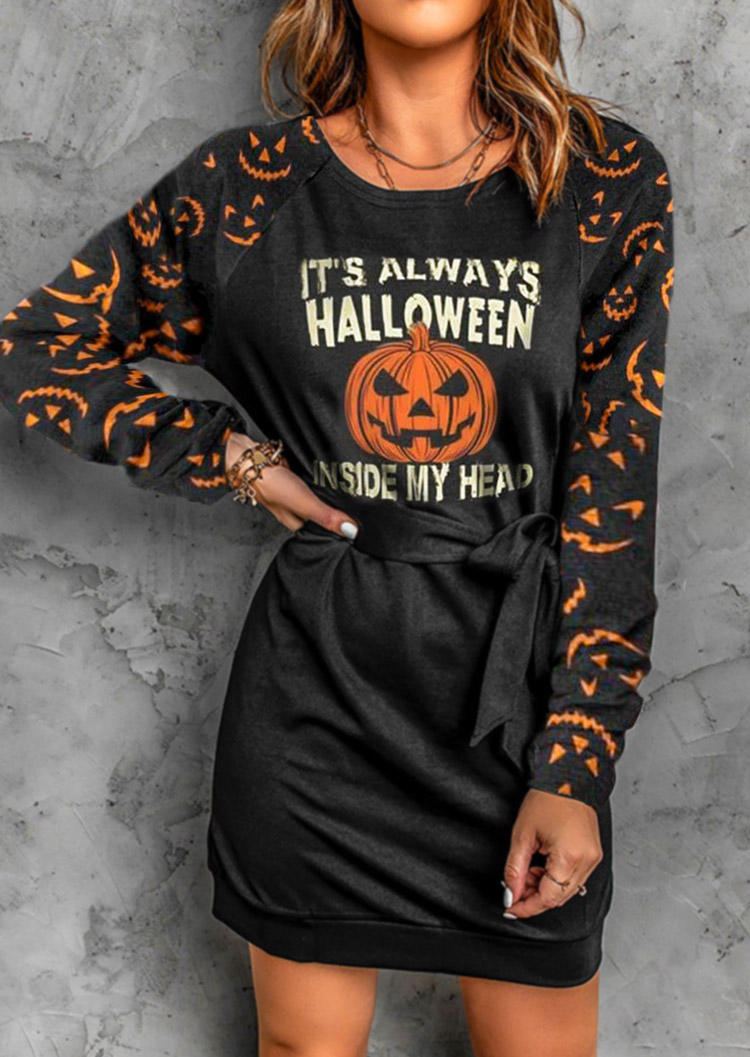 

It' Always Halloween Inside My Head Pumpkin Face Mini Dress - Black, SCM005269