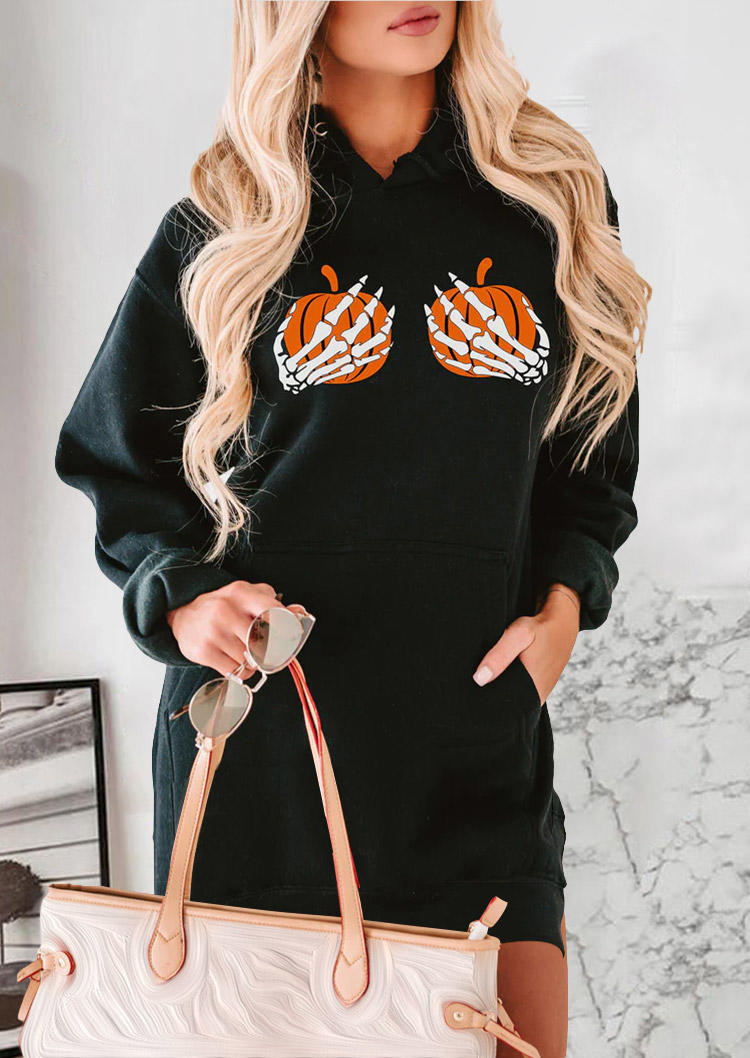 Halloween Pumpkin Skeleton Hand Hooded Mini Dress - Black