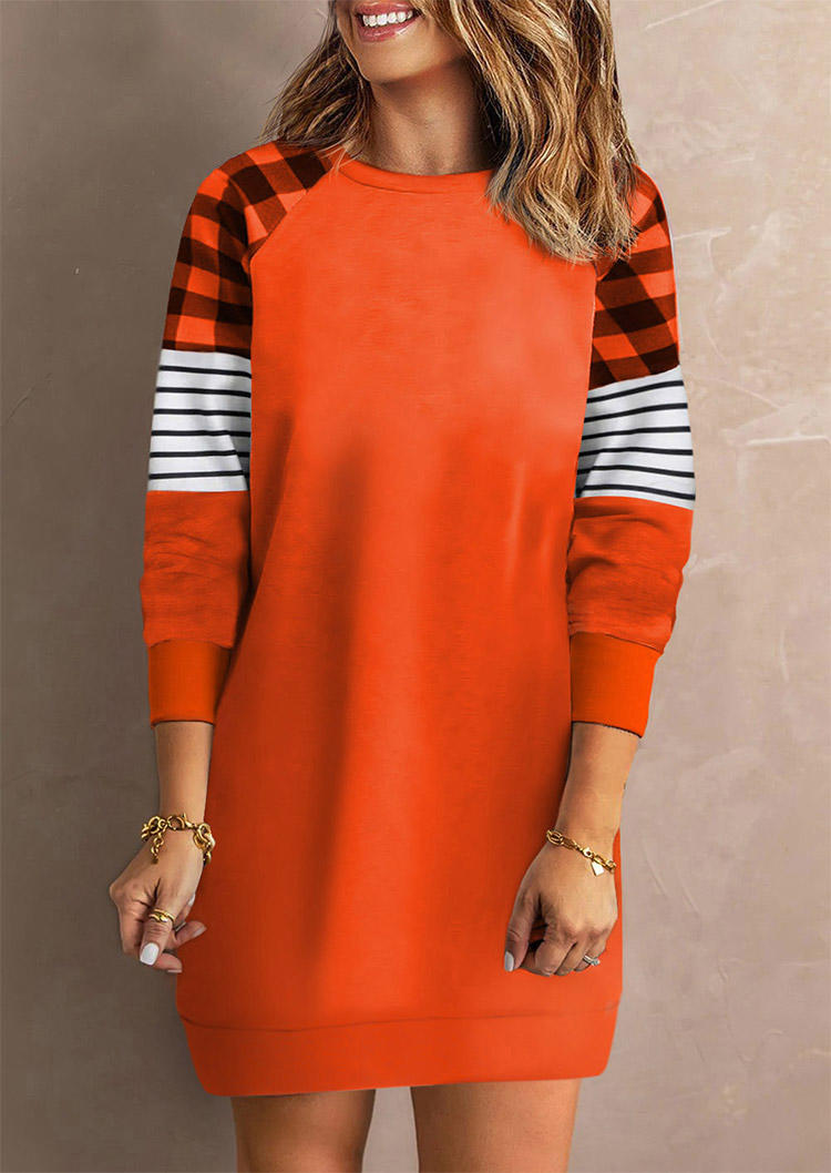 Plaid Striped Splicing Sweatshirt Mini Dress - Orange
