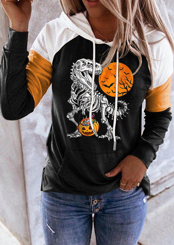 

Halloween Dinosaur Skeleton Pumpkin Color Block Hoodie - Black, SCM005407