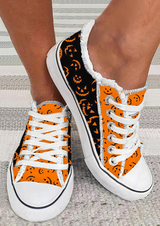 

Pumpkin Face Lace Up Flat Sneakers, Multicolor, SCM005448