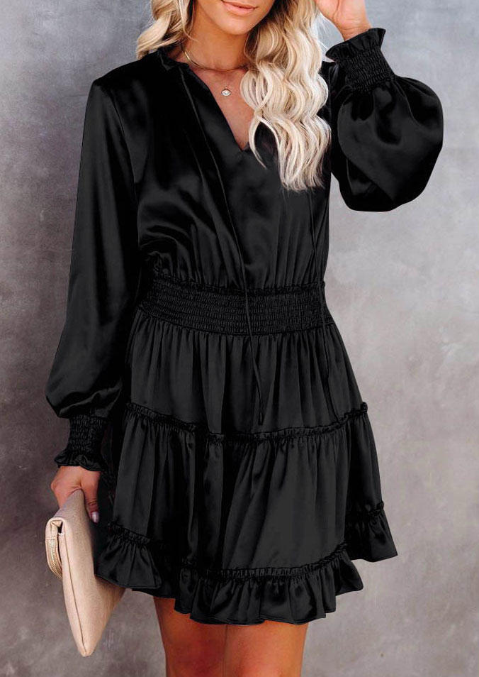 

Ruffled Smocked Long Sleeve Mini Dress - Black, SCM004442