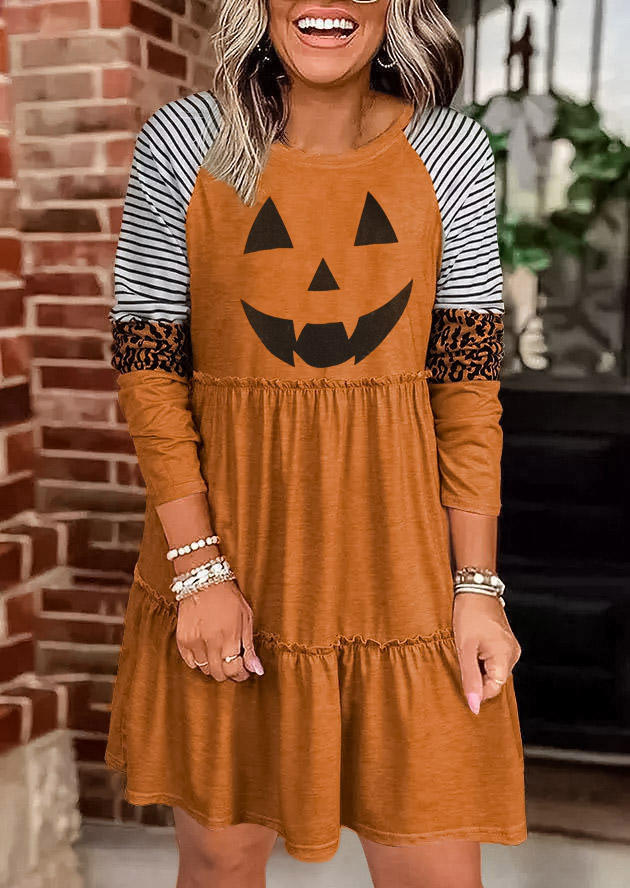 

Halloween Leopard Striped Pumpkin Face Ruffled Mini Dress - Orange, SCM004949