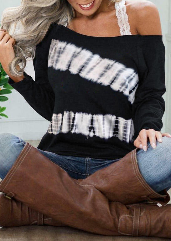 

Tie Dye Long Sleeve O-Neck Blouse without Lace Strap - Black, SCM004988