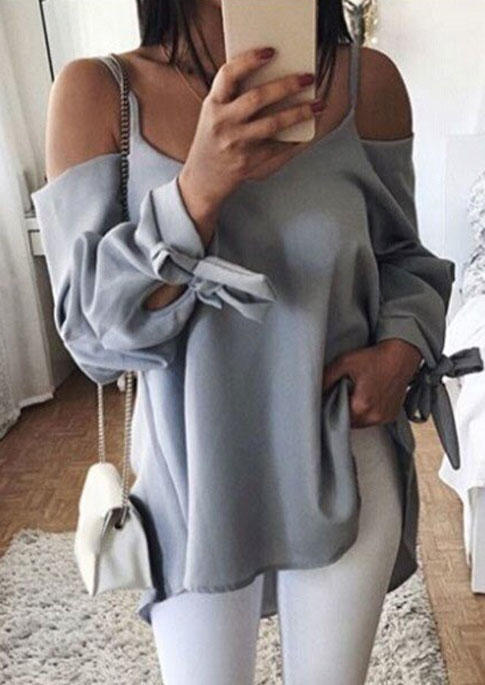 

Spaghetti Strap Cold Shoulder Tie Blouse - Gray, SCM005030