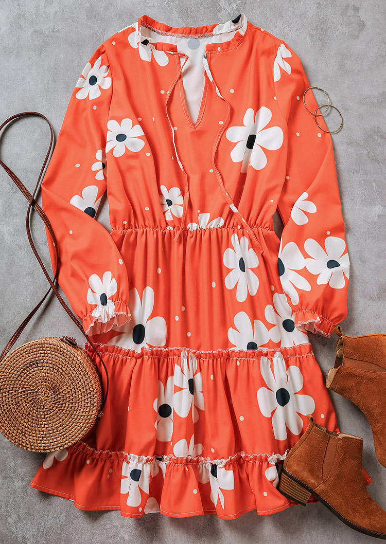 Floral Tie Ruffled Long Sleeve Mini Dress - Orange