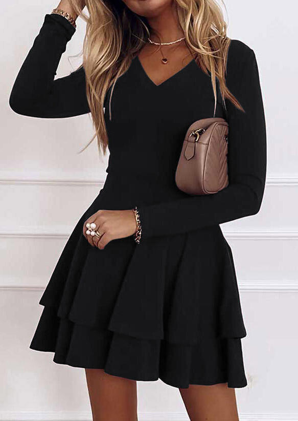 

Ruffled Layered Long Sleeve V-Neck Mini Dress - Black, SCM005134