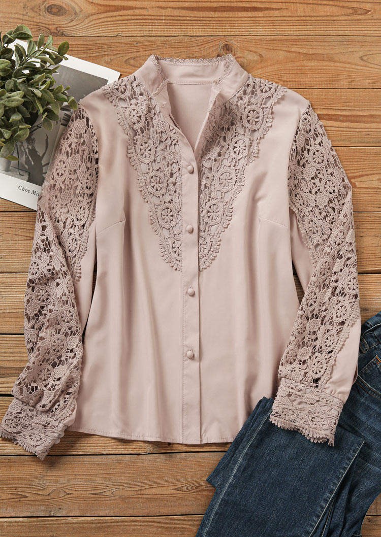 Lace Splicing Button Long Sleeve Shirt - Pink