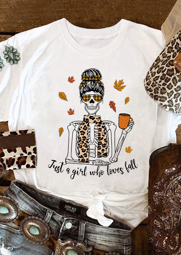 

Halloween Just A Girl Who Loves Fall Leopard Plaid Skeleton T-Shirt Tee - White, SCM005200