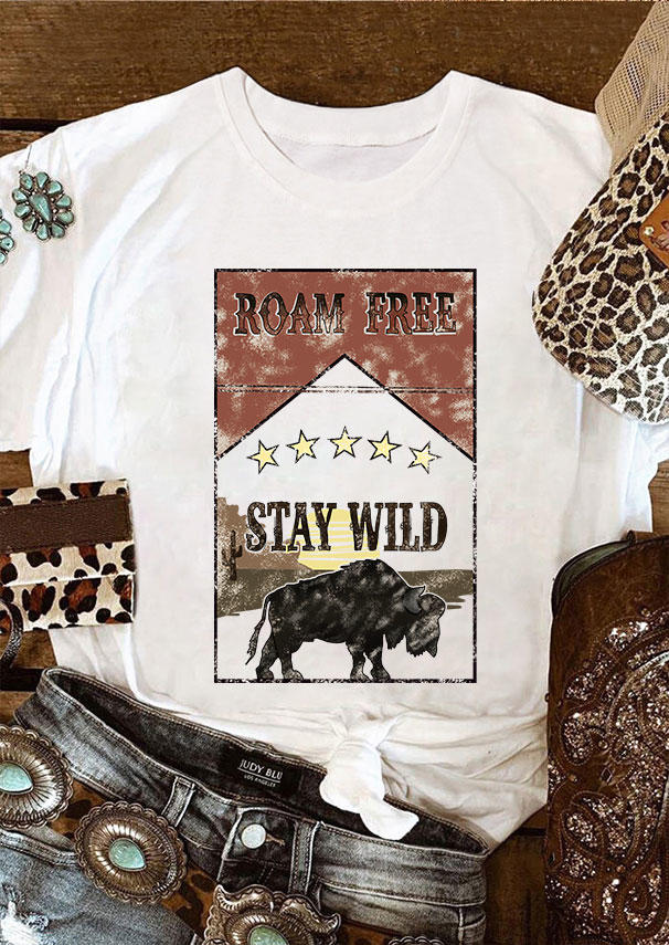 

Stay Wild Roam Free Star Cattle O-Neck T-Shirt Tee - White, SCM005233