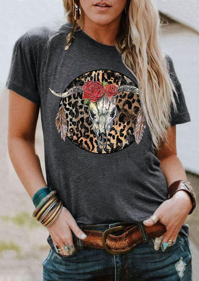 

Leopard Steer Skull Floral Feather O-Neck T-Shirt Tee - Dark Grey, Gray, SCM005262