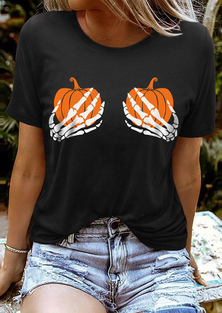

Halloween Pumpkin Skeleton Hand O-Neck T-Shirt Tee - Black, SCM005279