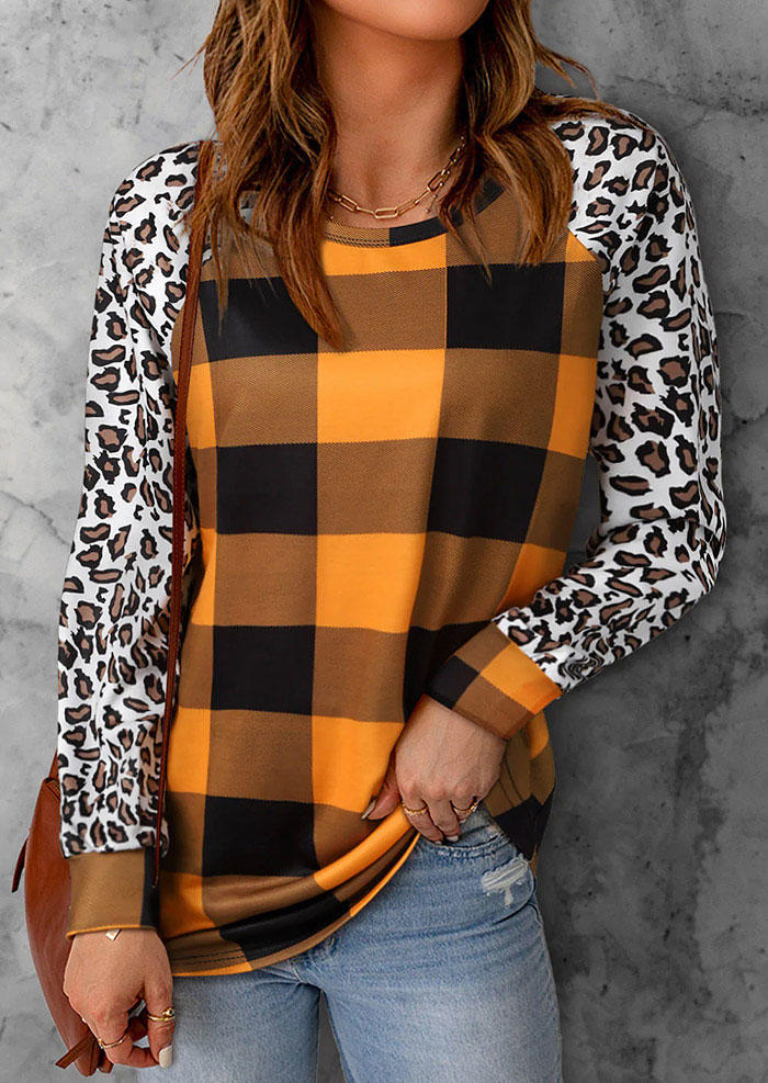

Leopard Plaid Long Sleeve O-Neck Blouse, Multicolor, SCM005282
