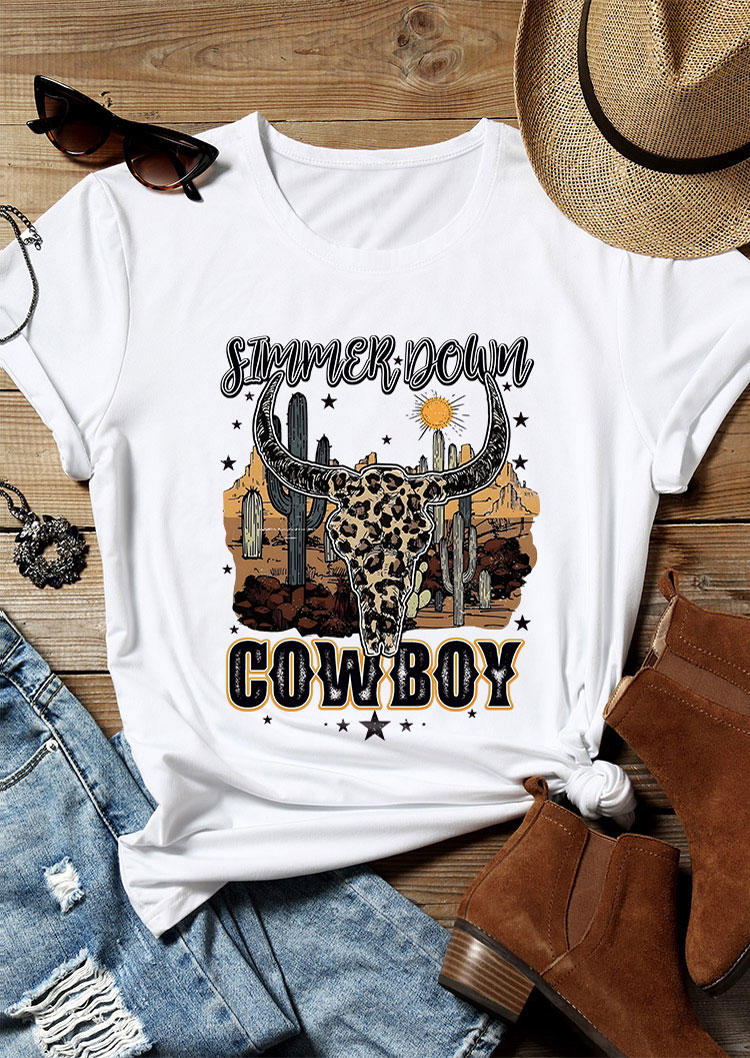 

Simmer Down Cowboy Leopard Steer Skull T-Shirt Tee - White, SCM005299
