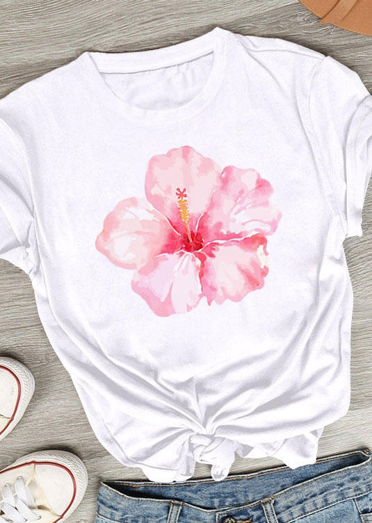 Cherry Blossoms O-Neck T-Shirt Tee - White
