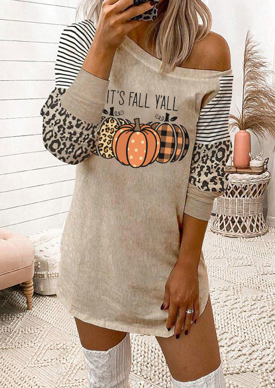 It's Fall Y'all Leopard Plaid Pumpkin Striped Mini Dress - Light Khaki