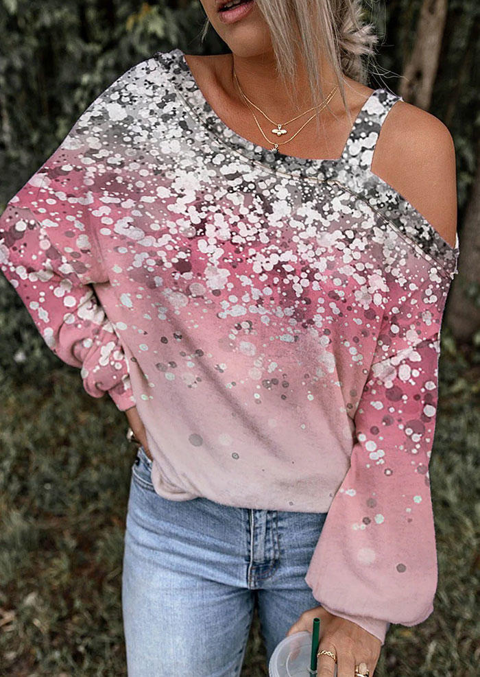 Gradient Glitter Floral Dot One Sided Cold Shoulder Blouse