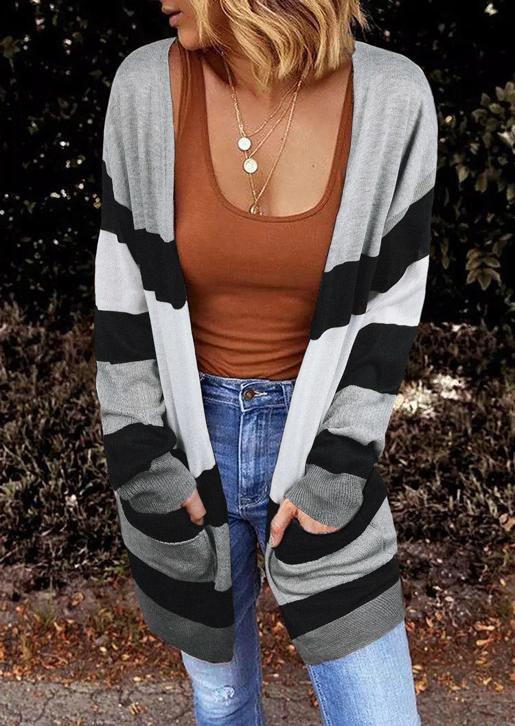 

Striped Pocket Long Sleeve Sweater Cardigan, Multicolor, SCM004920