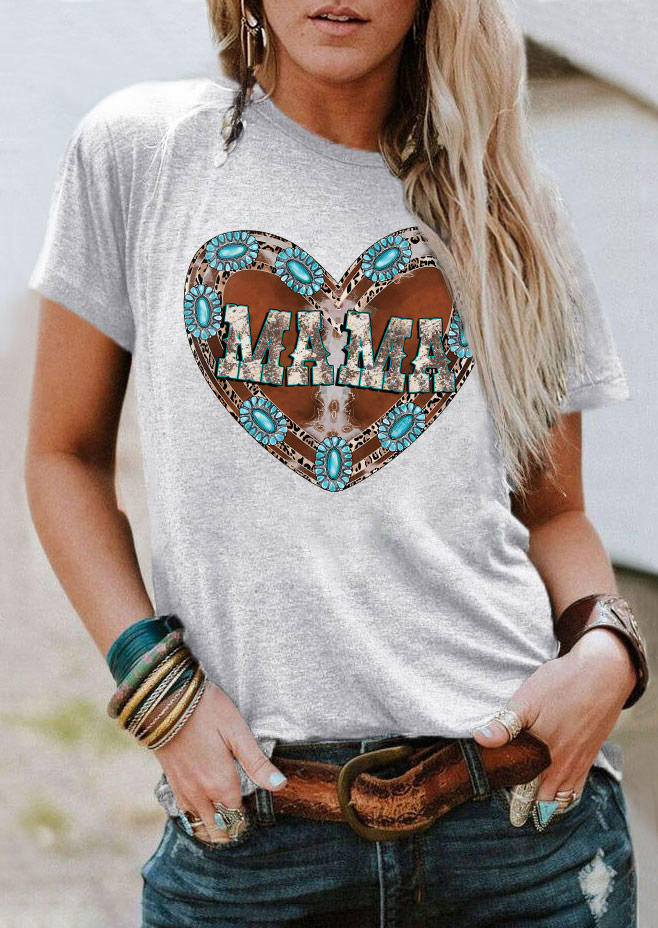 

Mama Heart Cow Turquoise T-Shirt Tee - Light Grey, Gray, SCM005094