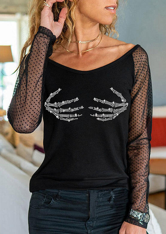 

Skeleton Hand Rhinestone Mesh Splicing Criss-Cross Blouse - Black, SCM005103