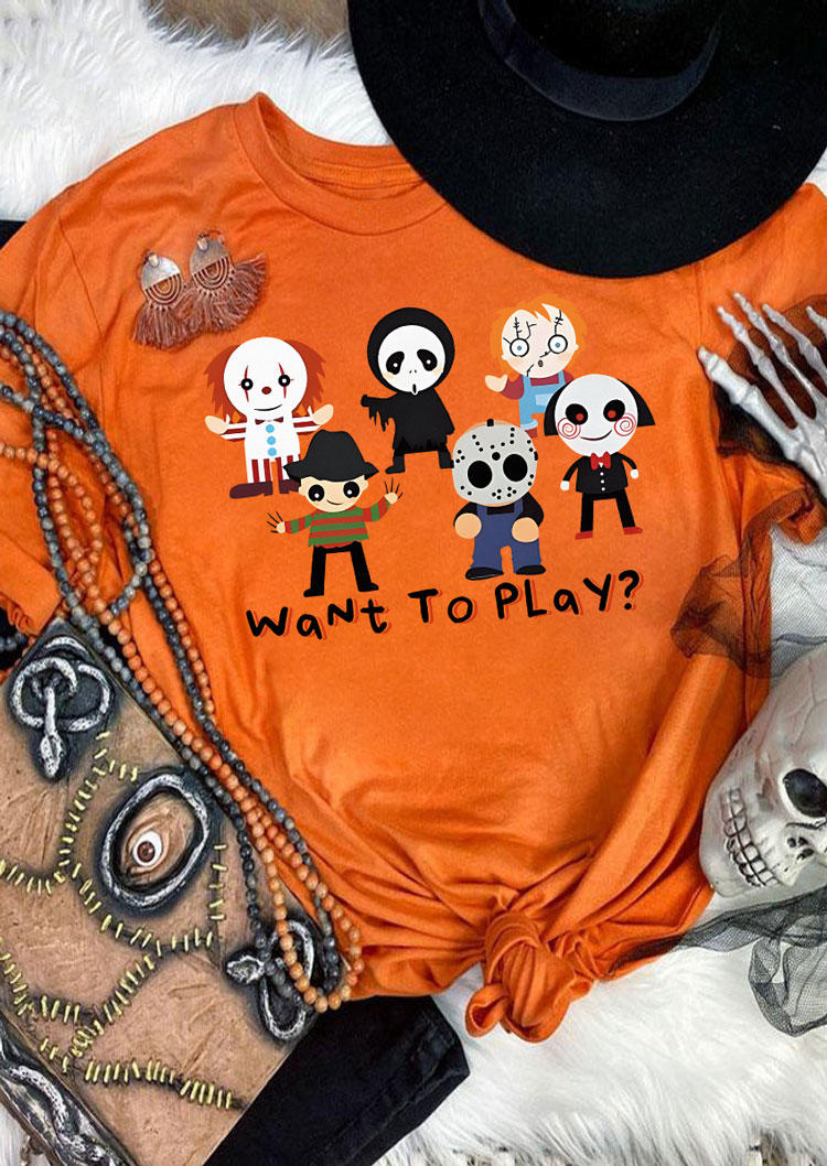 

Halloween Want To Play O-Neck T-Shirt Tee - Orange, SCM005203