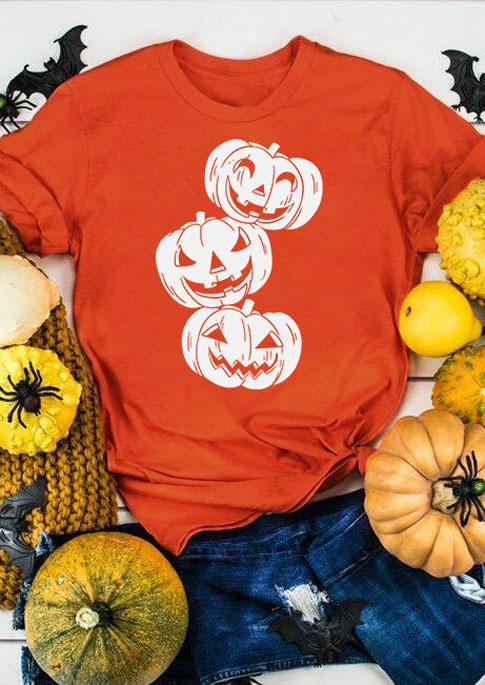 Pumpkin Face O-Neck T-Shirt Tee - Orange