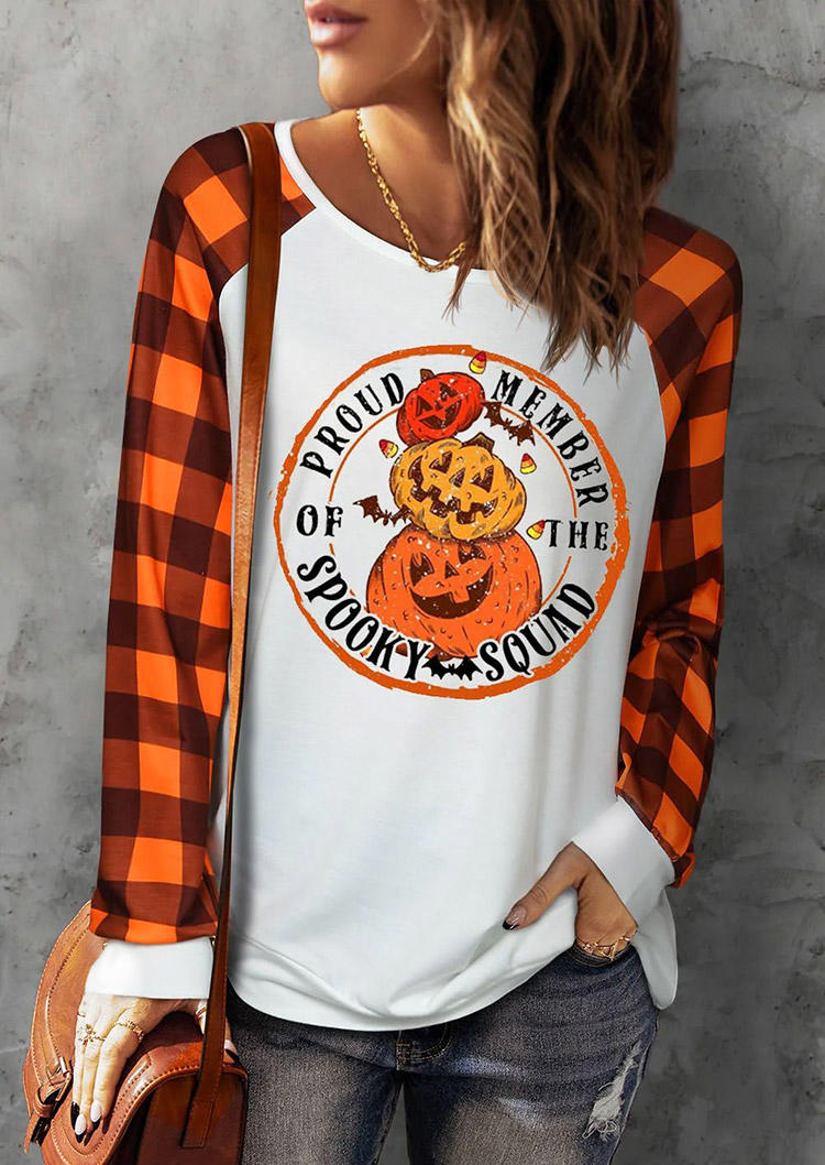 

Halloween Proud Member Of The Spooky Squad Plaid Pumpkin Face T-Shirt Tee - White, SCM005373