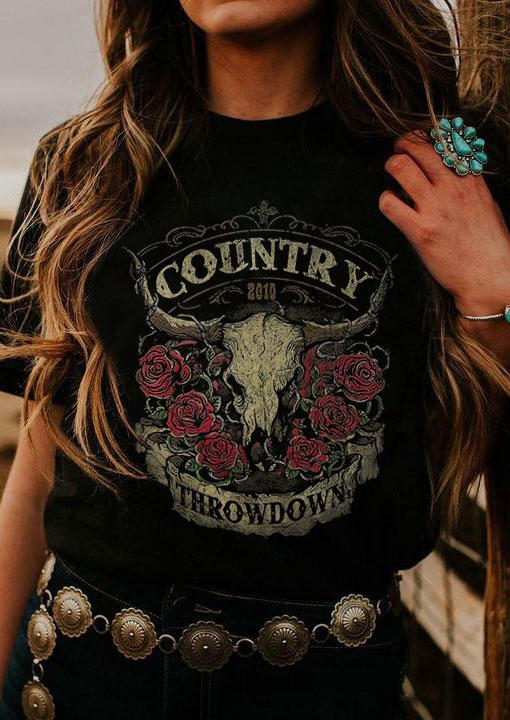 

Country Throwdown Steer Skull Rose T-Shirt Tee - Black, SCM005410