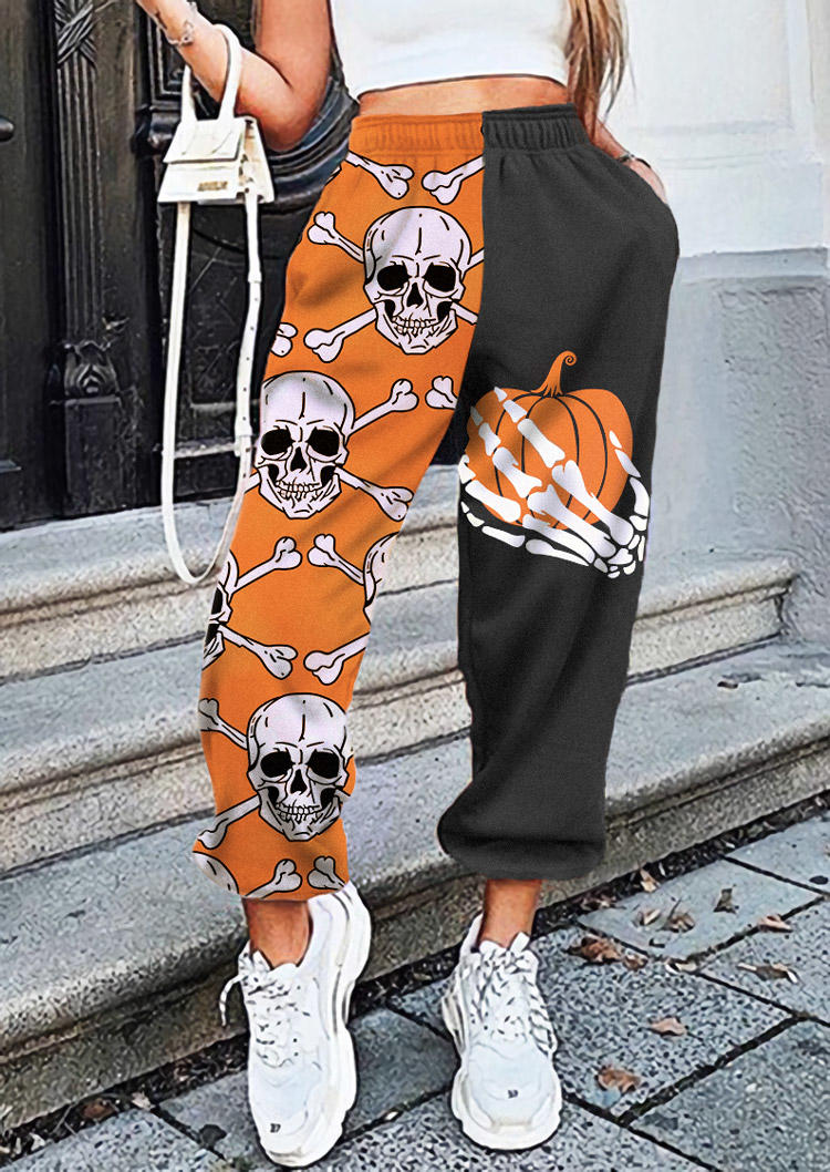 Halloween Pumpkin Skull Skeleton Hand Elastic Waist Sweatpants