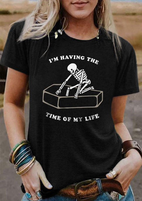 

Halloween I' Having The Time Of My Life Skeleton T-Shirt Tee - Black, SCM005464