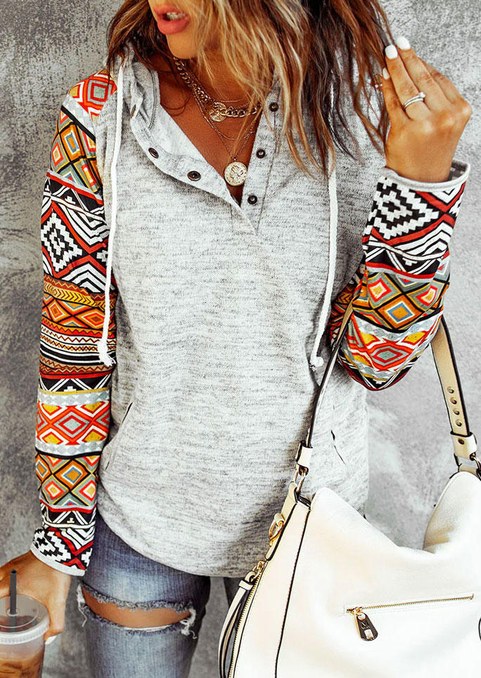 

Aztec Geometric Button Kangaroo Pocket Hoodie - Light Grey, Gray, SCM004813