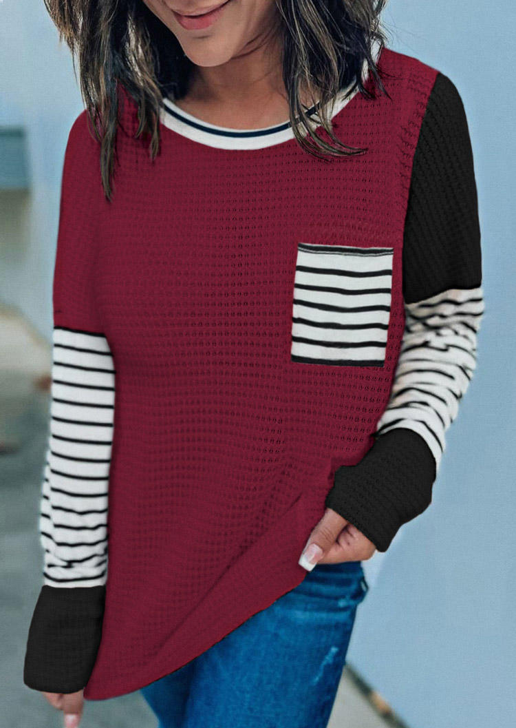 Striped Pocket Long Sleeve Blouse - Burgundy, Red, SCM004825