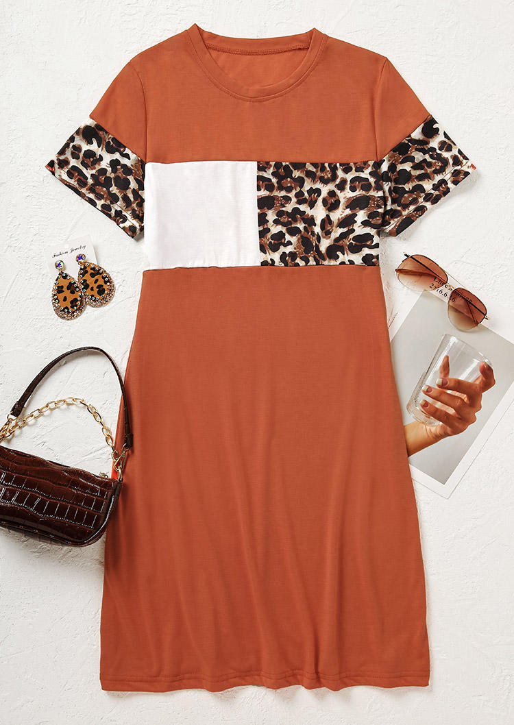 Color Block Leopard Short Sleeve Mini Dress