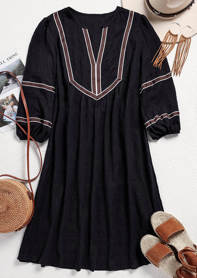 Striped Notched Neck Elastic Cuff Mini Dress - Black