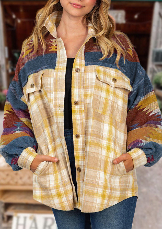 

Aztec Geometric Plaid Pocket Button Coat, Multicolor, SCM005205