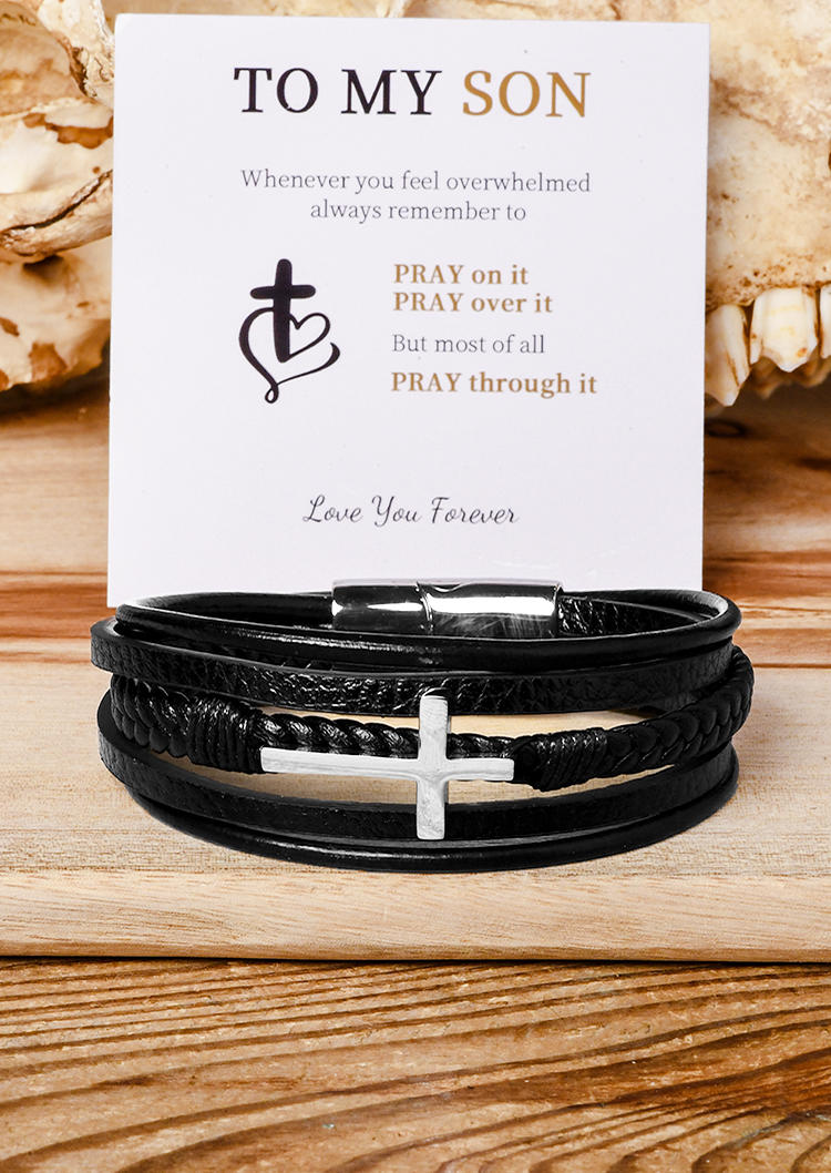 To My Son Cross PU Leather Magnet Buckle Bracelet