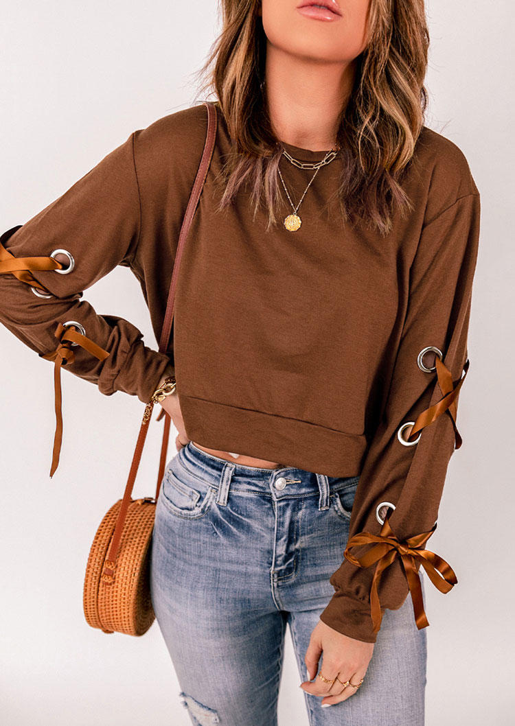 

Lace Up Long Sleeve Crop Blouse - Brown, SCM005257
