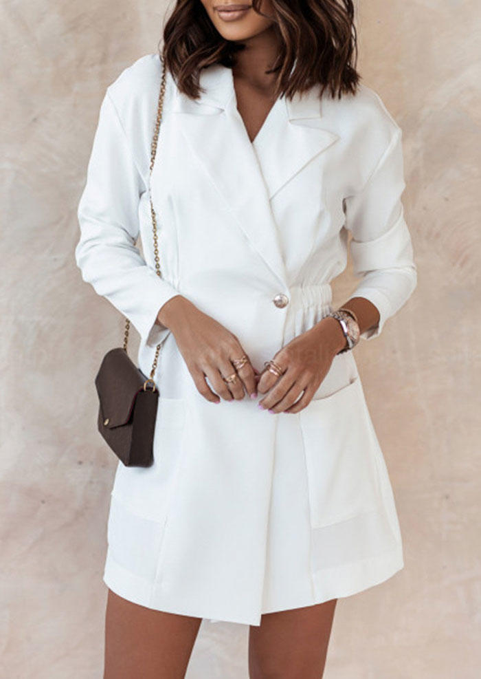 

Pocket Elastic Waist Turn-down Collar Mini Dress - White, SCM005305