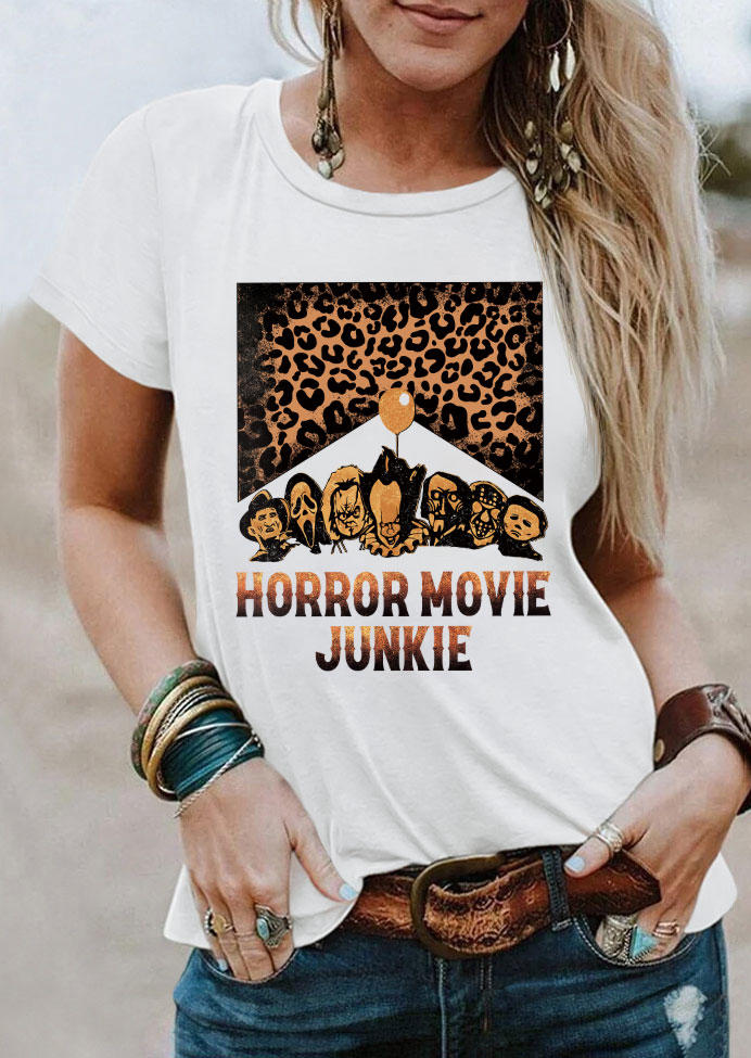 Halloween Horror Movie Leopard O-Neck T-Shirt Tee - White