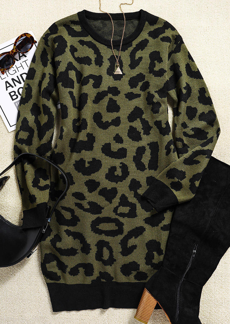 Leopard Knitted Long Sleeve Mini Dress - Green