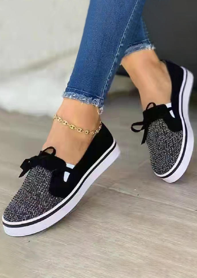 

Glitter Patchwork Tie Slip On Flat Sneakers - Black, SCM005383