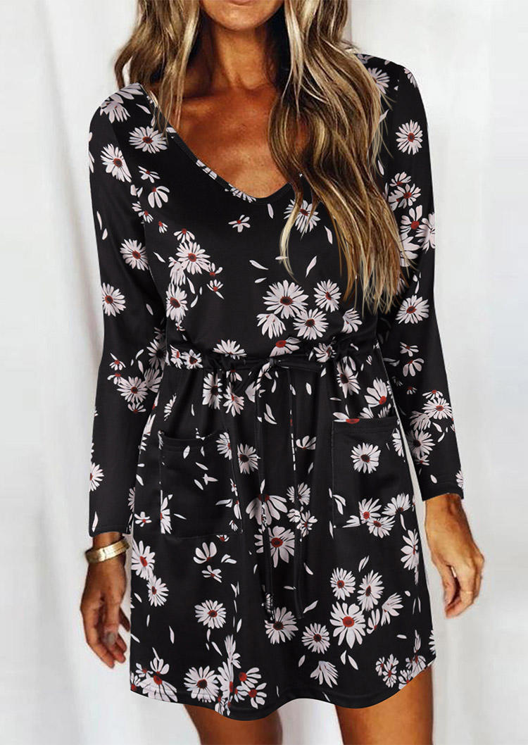 

Floral Pocket Long Sleeve Tie V-Neck Mini Dress, Multicolor, SCM005389