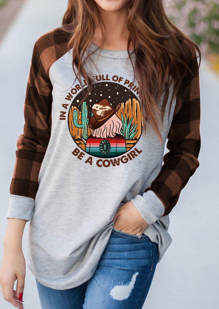 

In A World Full Of Princesses Be A Cowgirl Plaid T-Shirt Tee - Light Grey, Gray, SCM005401