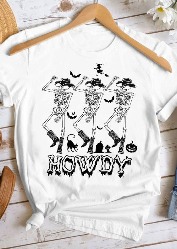 

Halloween Howdy Cowboy Skeleton Bat T-Shirt Tee - White, SCM005436