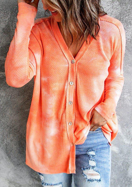 

Tie Dye Waffle Button Long Sleeve Cardigan - Orange, SCM005570